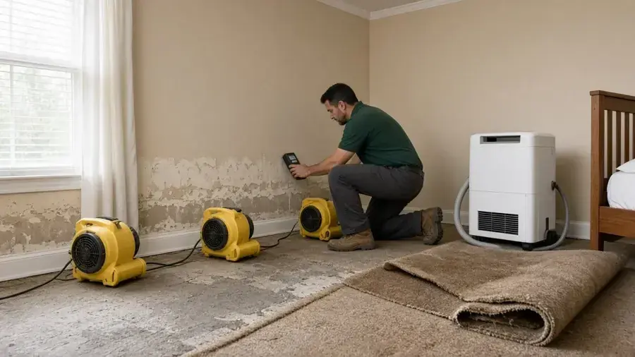 Technician checking a wall with a moisture meter beside air movers and a dehumidifier, the carpet rolled back