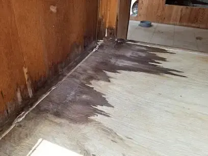 Water stain spreading across a bare subfloor at the base of a wood-paneled wall