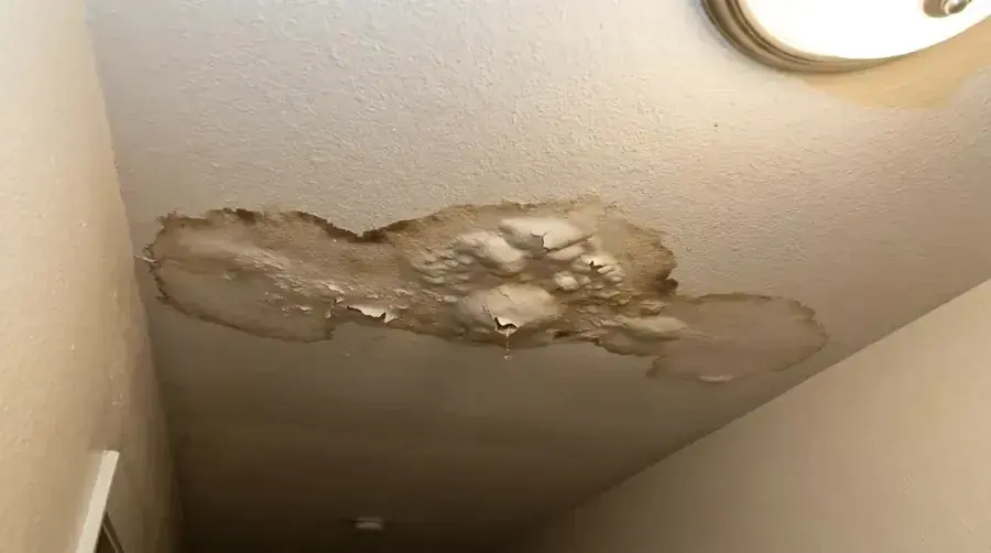 Water-stained ceiling drywall bubbling and peeling under a leak