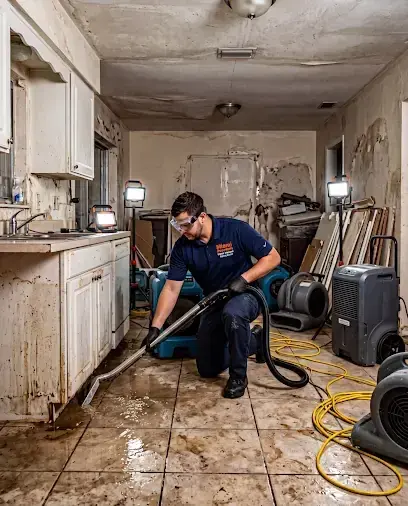 Technician pulling water off a kitchen floor with an extraction wand