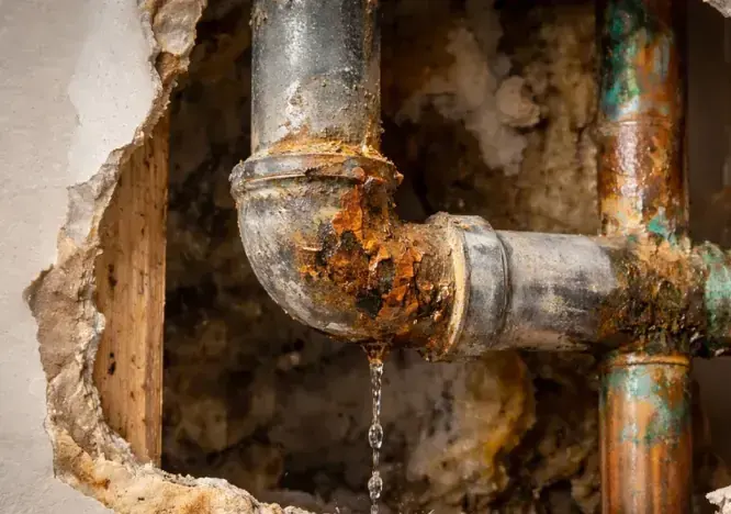 Corroded copper and steel pipe fittings dripping inside an opened wall
