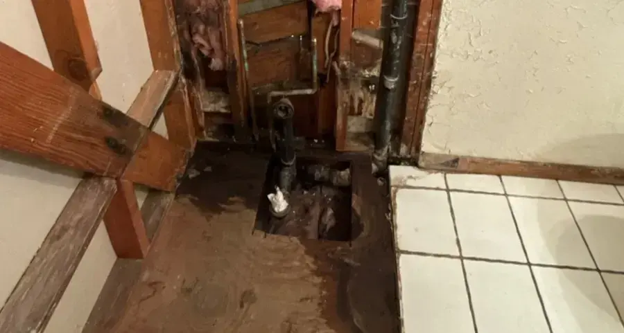 Wall opened beside a shower showing the wet drain and stained framing