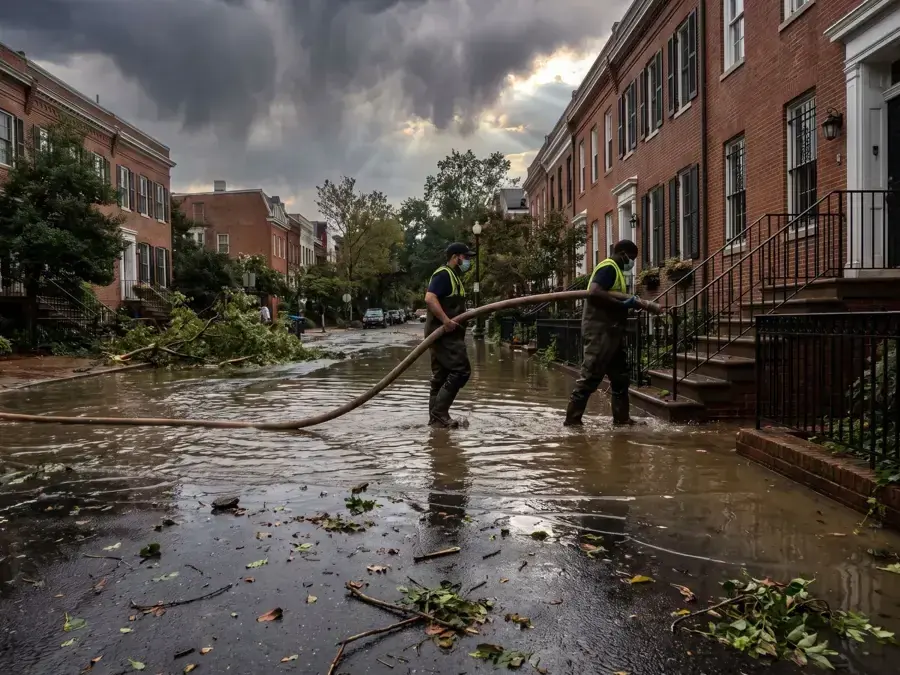 Crew pumping storm water off a flooded street under a dark sky