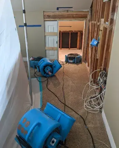Air movers drying a hallway with the drywall cut out to the studs