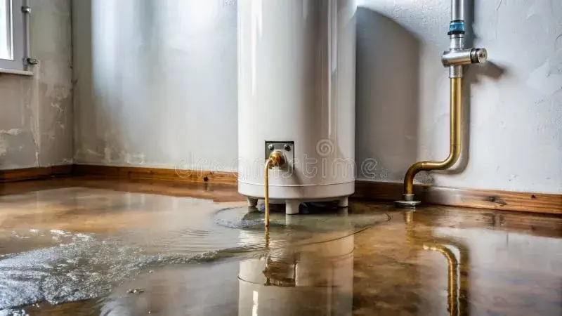 Water spread across the floor around the base of a tank water heater